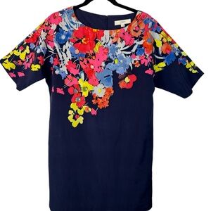 LOFT Colorpop Navy Shift Dress Bright Floral Print Short Sleeve Work Party Med